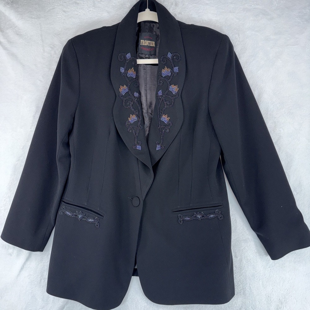 Vtg North American Frontier Black Beaded Western Cowgirl Blazer Sz L